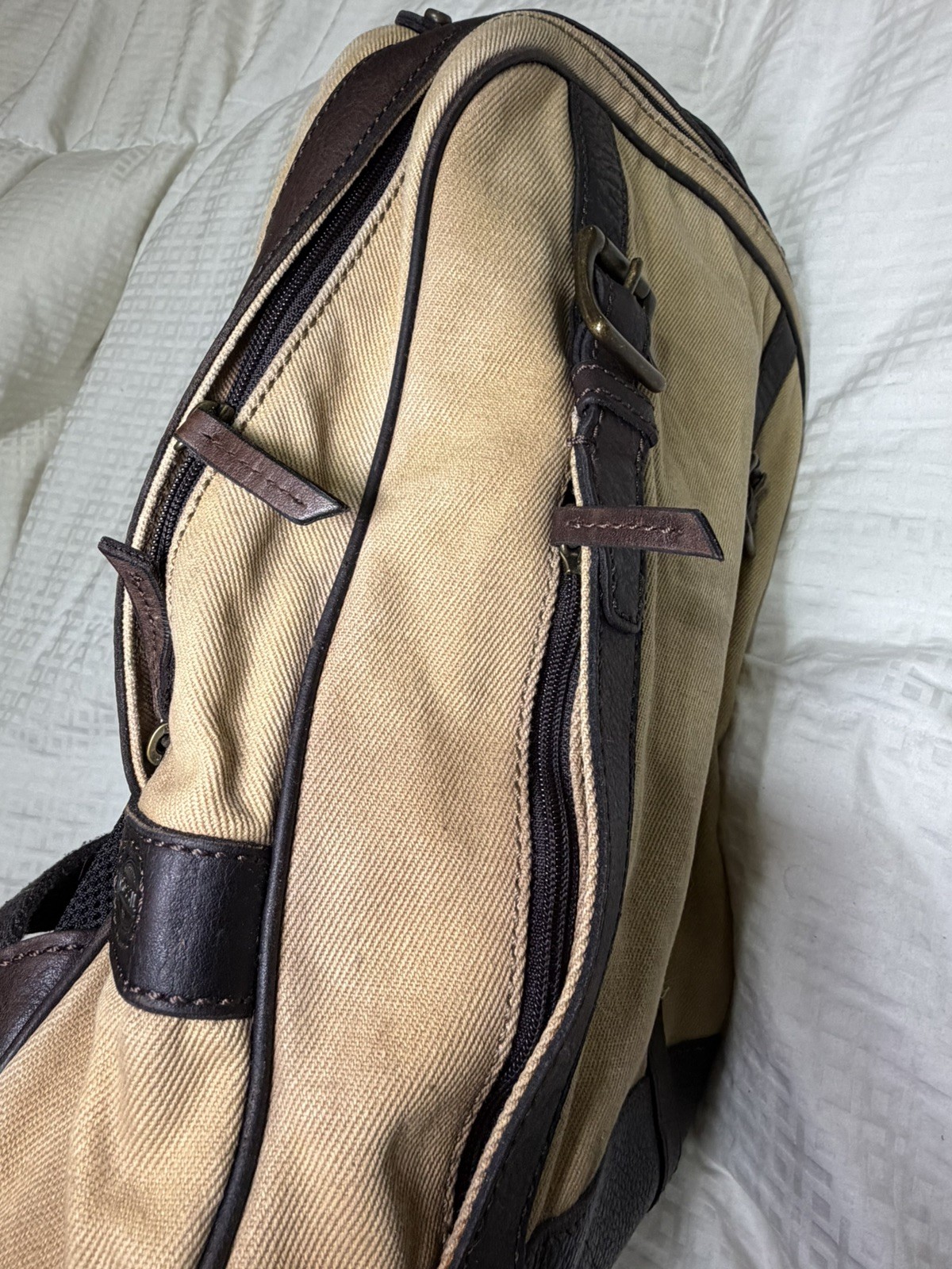 FOSSIL Estate Backpack Rugged Canvas Brown Leather Trim Padded Zip