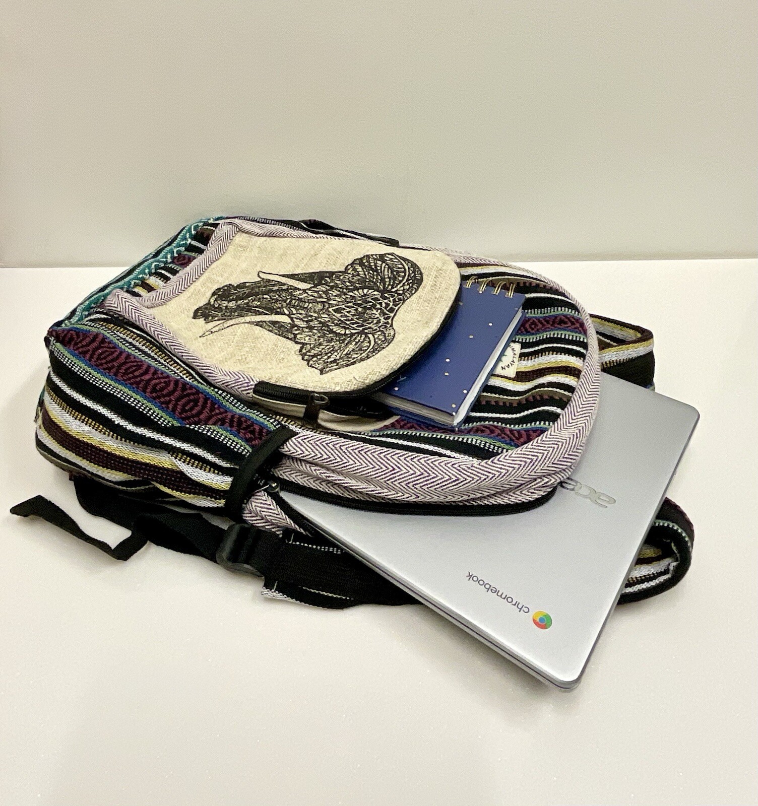 Handmade Hemp Backpack Elephant With Laptop Pocket Nepal Fair Trade Hiking Boho