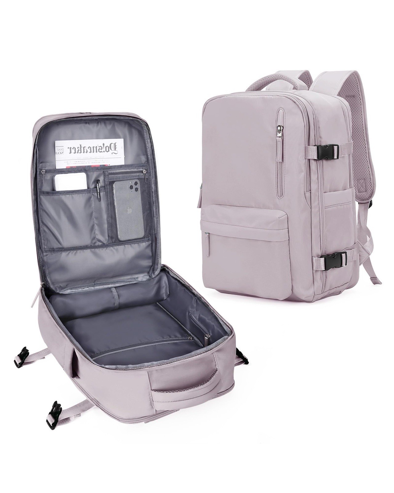 Purple Expandable Travel Backpack Carry On Zip Closure Adjustable Strap