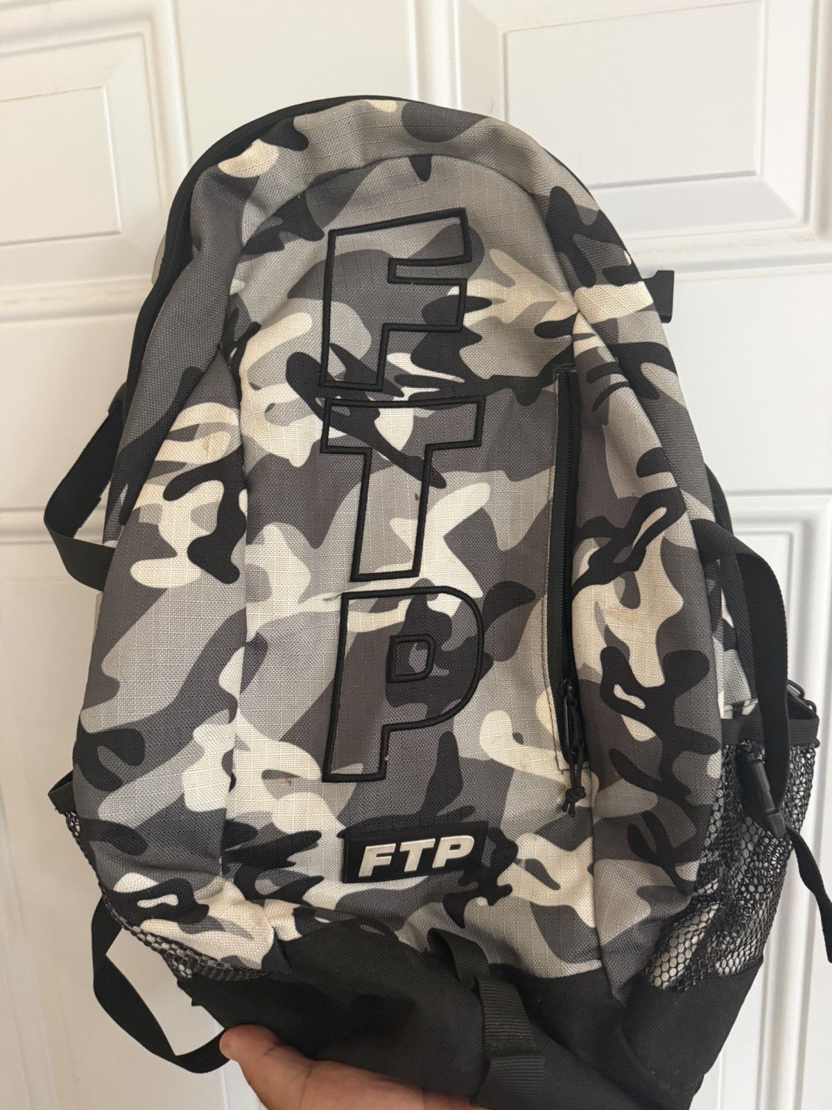 FTP Camo Backpack Gray Black White Army Theme Zip Closure Bottle Pocket