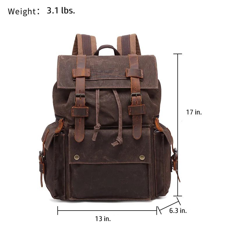 Waterproof waxed canvas back pack, rugged, strong, 13 x 6.3 x 17,