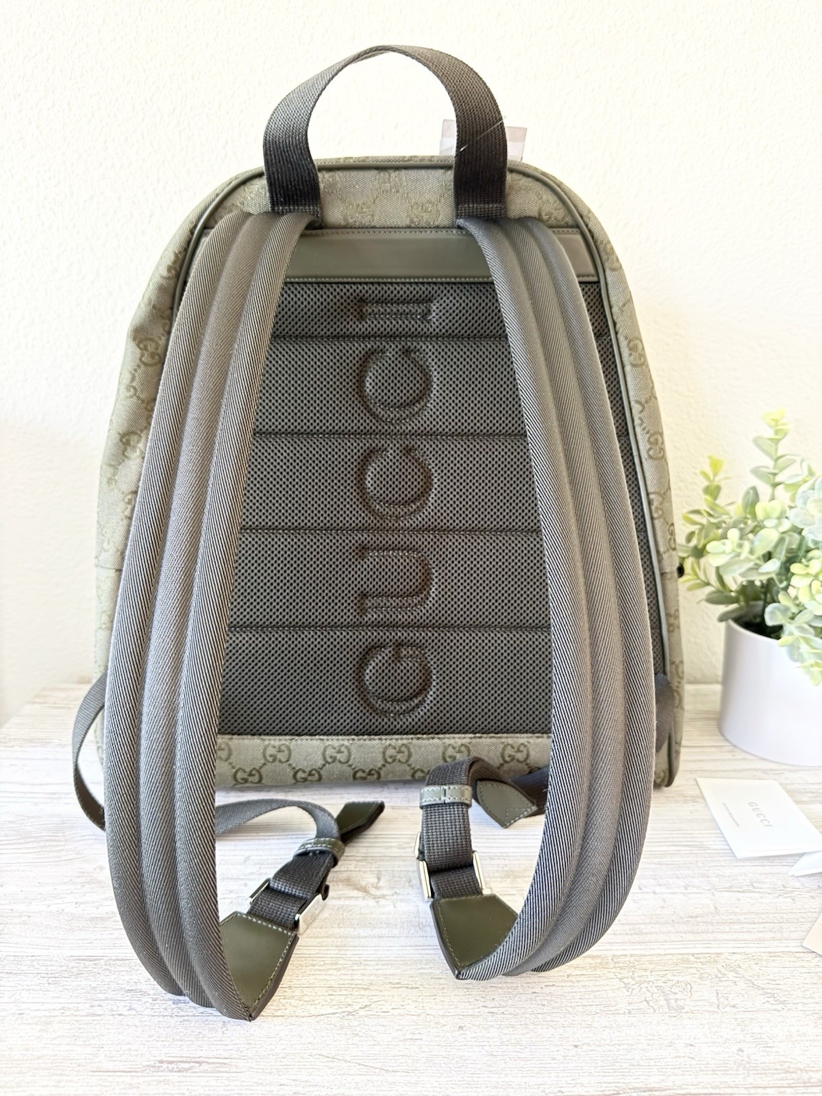 New Gucci GG Monogram Canvas men medium backpack, olive green