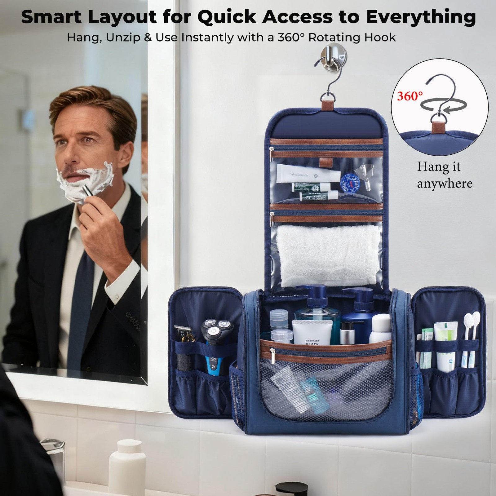 Ralnitote Large Hanging Toiletry Bag for Men, Travel Bathroom Large, Navy