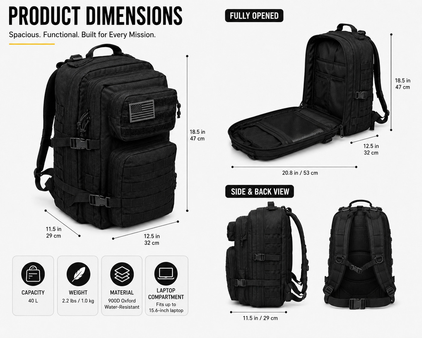 40L Military Tactical Backpack Molle Army 3 Day Assault Pack Outdoor Travel Bag