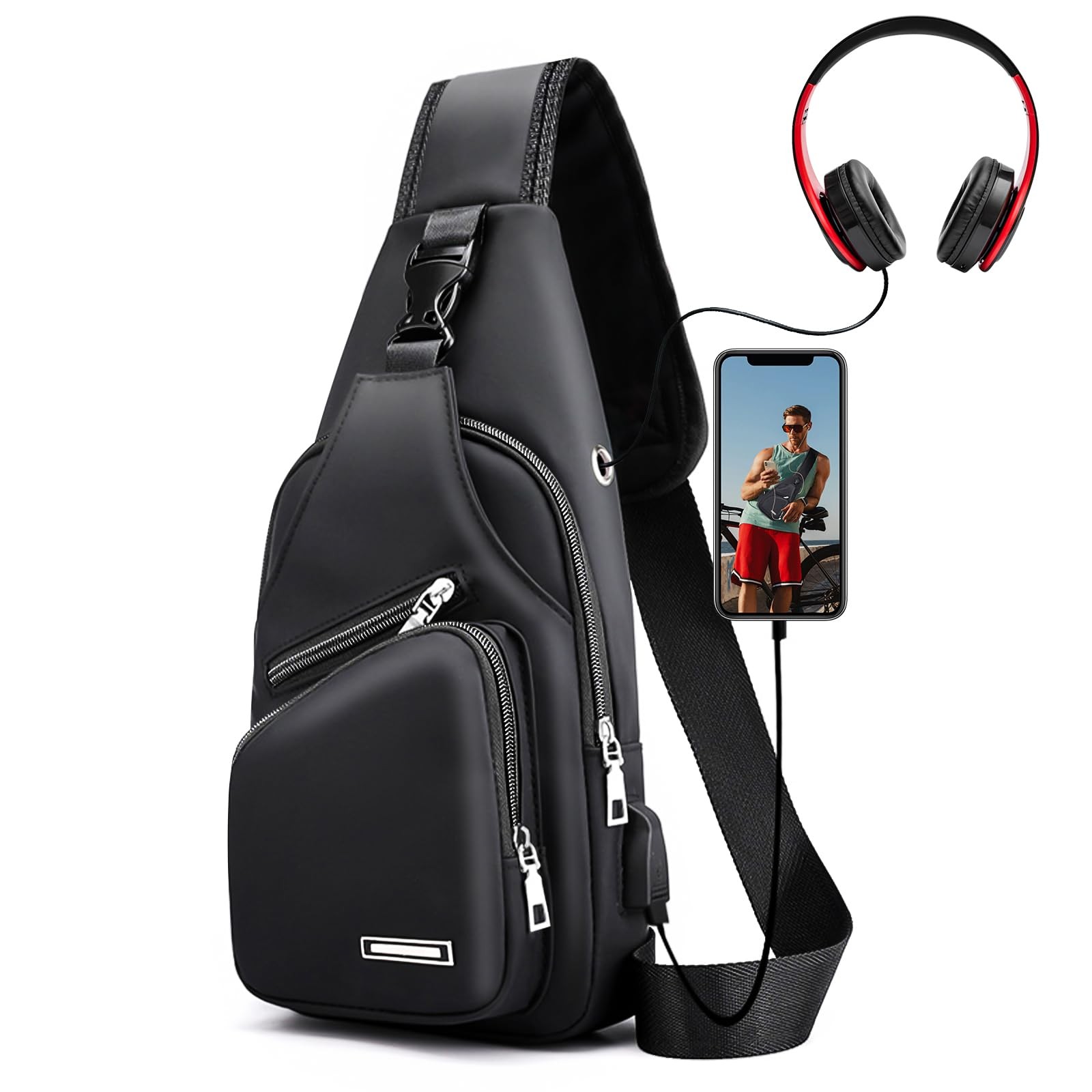 Men’s Leather Crossbody Bag Waterproof Sling Backpack Chest Daypack Man Purse