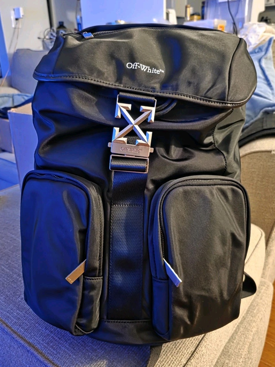 Off-White Drawstring Tuc Nylon Backpack with Dual Front Zipper Pockets BNWT
