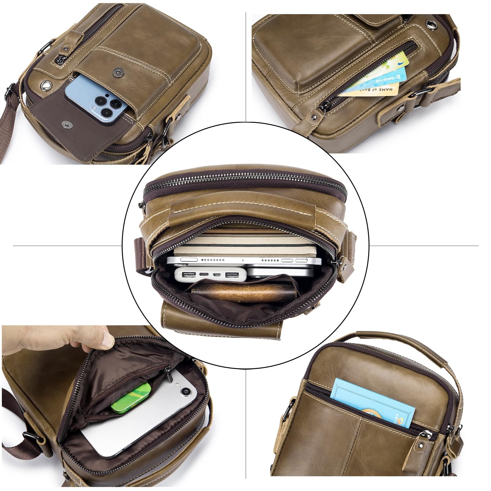 Leather Shoulder Bag Men Small Crossbody Purse Handbag Travel Business Casual
