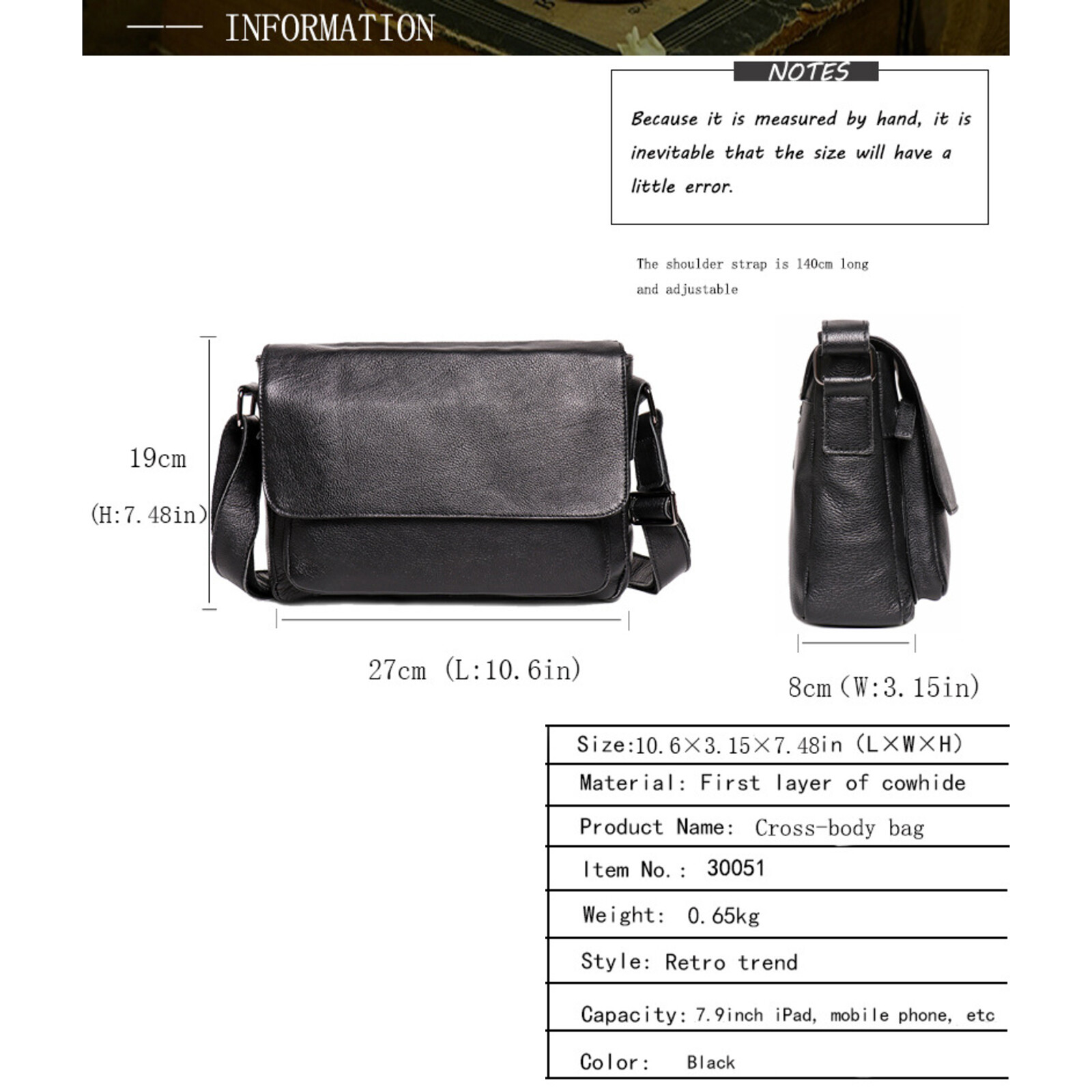 Men Leather Crossbody Messenger Bag Shoulder Satchel for Work Travel Casual