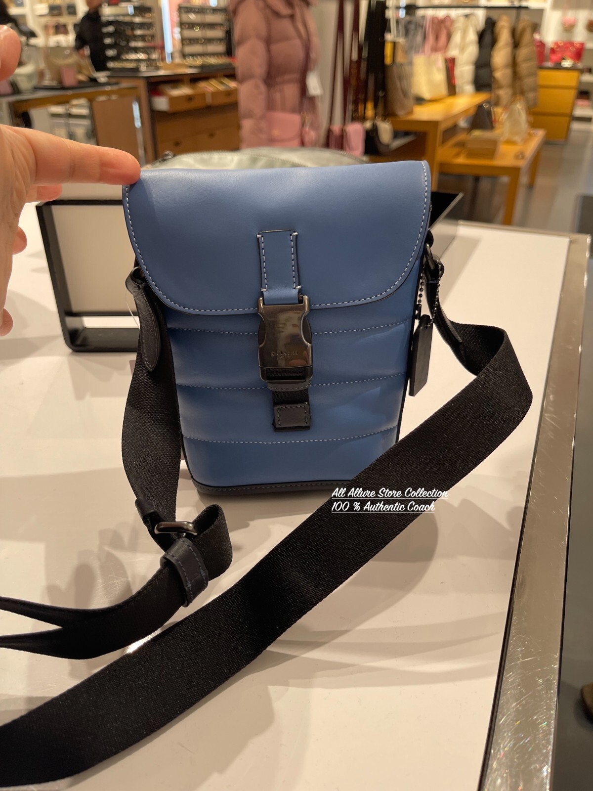 Coach Men Track SkyBlue Leather Crossbody Small Flap Quilting Shoulder Bag