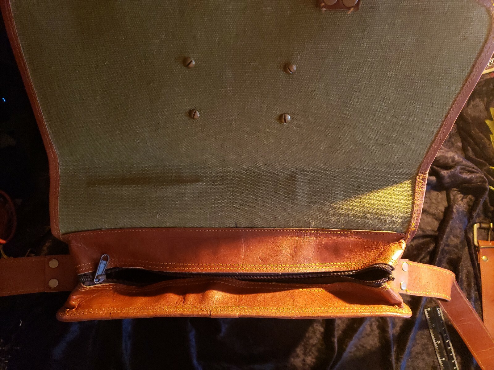 One of a Kind Genuine Leather Messenger bag with Strapped Cylinder Flask