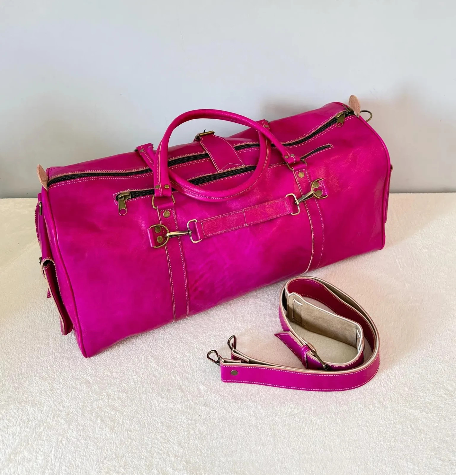 Handcrafted Genuine Leather Travel Bag with & Removable Shoulder Strap – Pink