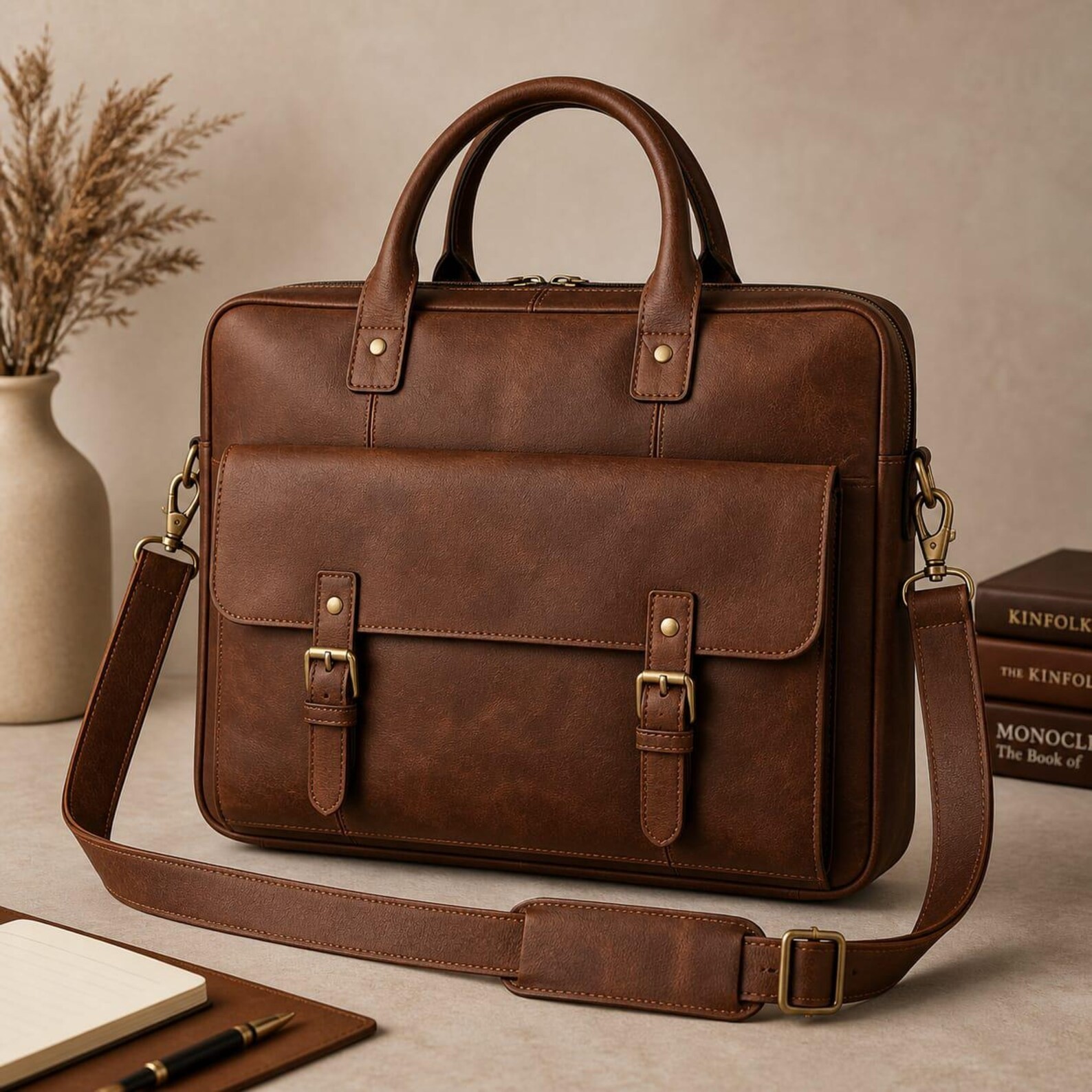 Vintage Brown Leather Bag Men Laptop Briefcase Crossbody
