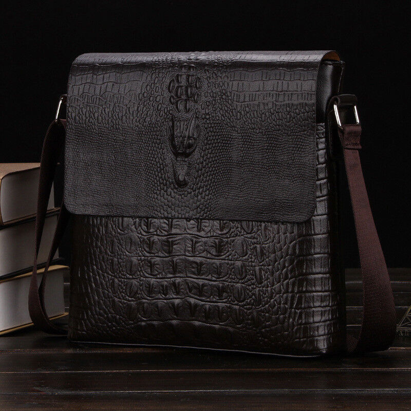 Vintage Croc Print PU Leather Mens Shoulder Bag Work Crossbody Messenger Bag