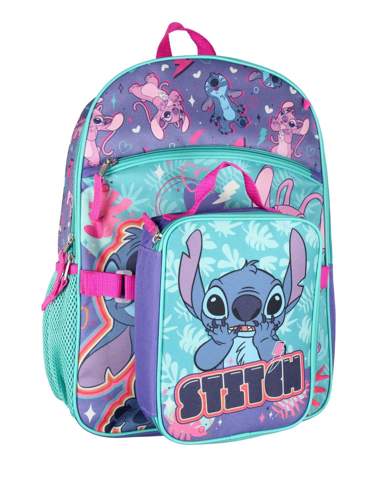 Disney Lilo & Stitch Angel 5 Pc Set Backpack Lunch Box Key Chain Pencil Case 16″