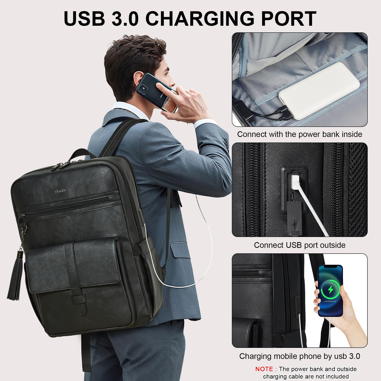 16 inch Vegan Leather Laptop Backpack with USB Charger,Smart Computer Backpac…