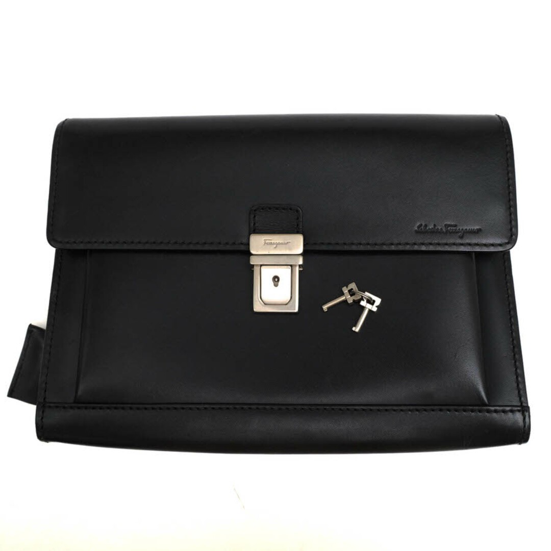 Ferragamo Men’s Business Second Clutch Bag Black Leather Flip-style 26x19x6.5cm