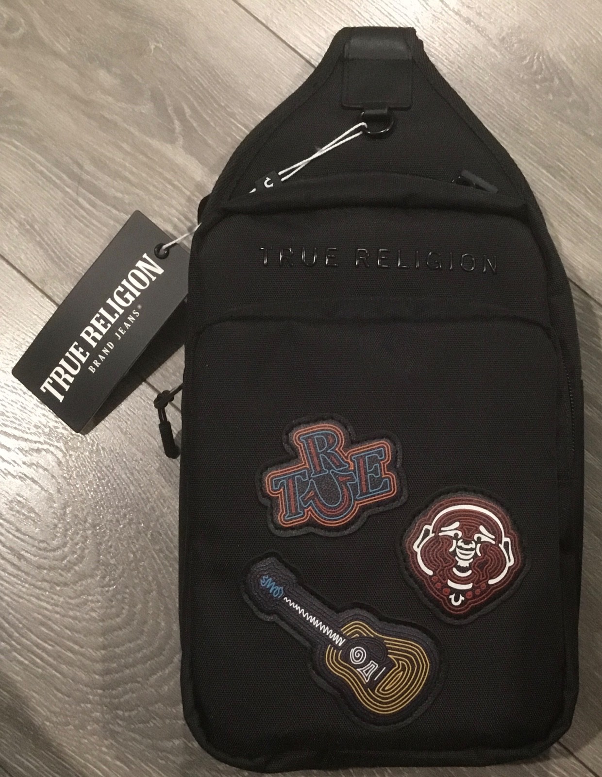 True Religion Black Crossbody Bag Men Zip Outer Pockets Guitar Character