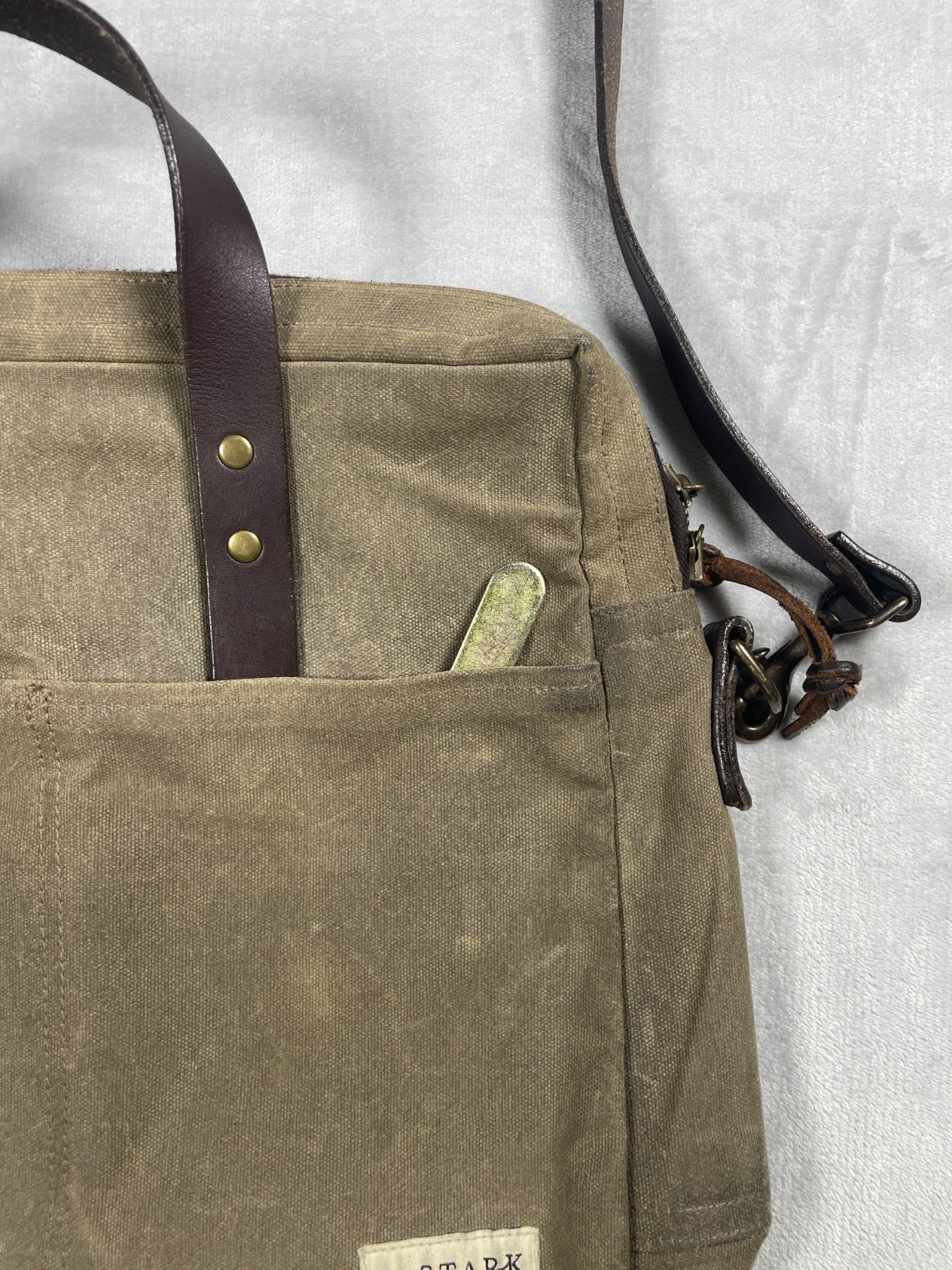 J. Stark Waxed Canvas Briefcase Messenger Bag Olive Brown Leather Strap USA