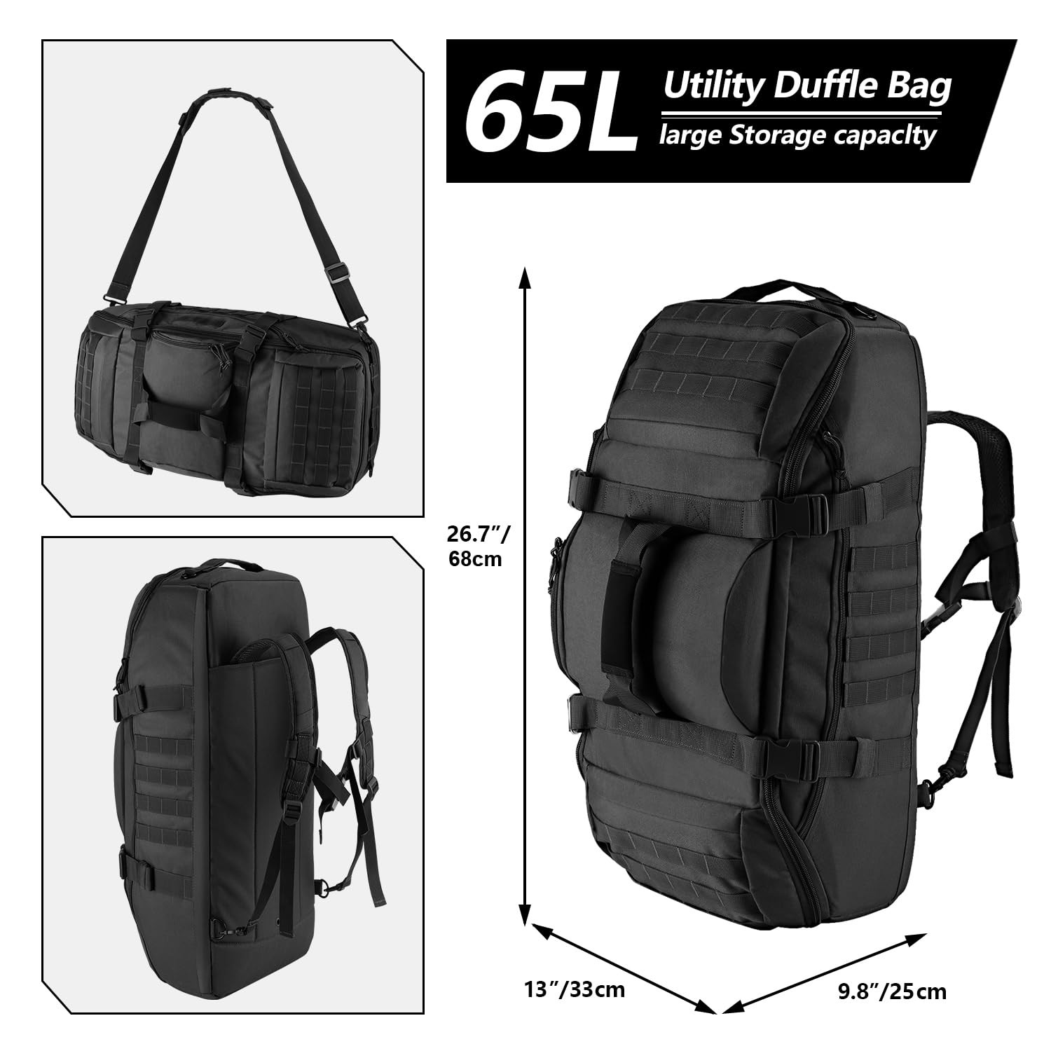 65L Large Duffle Bag, 3-in-1 Tactical Backpack MOLLE Pack for Sports, Gym, Ou…
