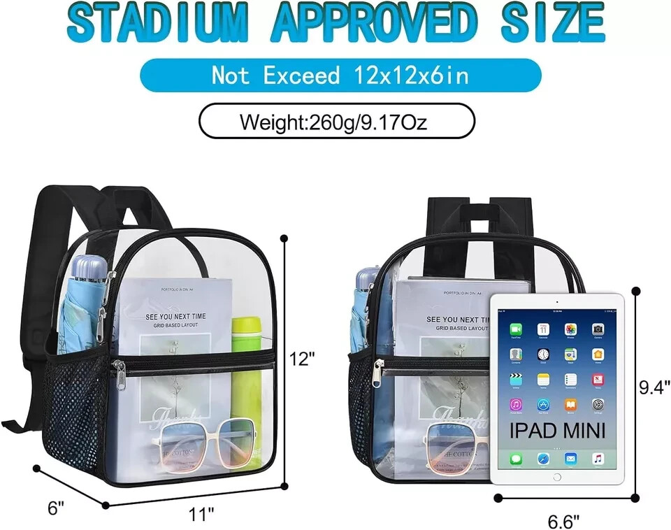 Clear Backpack for Stadium Events, 12x12x6 Small Plastic Small, Black