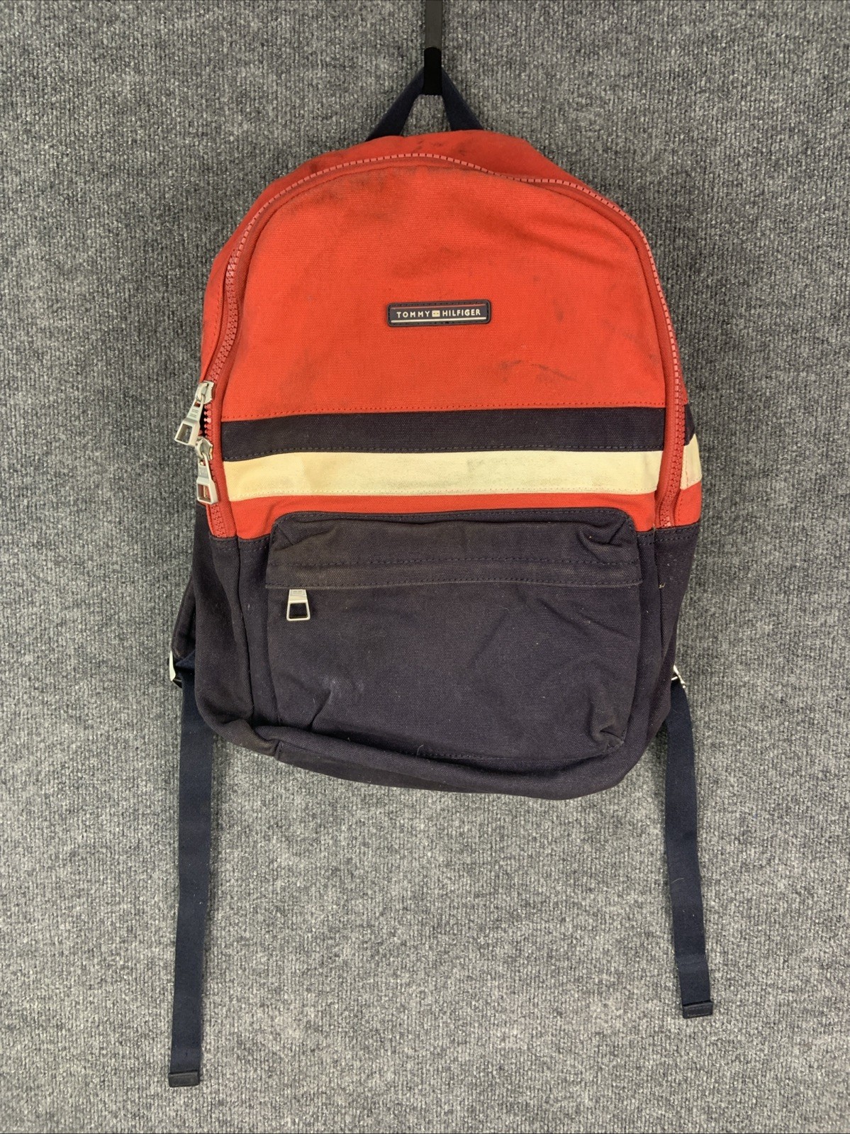 Vintage Tommy Hilfiger Red White Blue Navy 16″ Canvas Heavy Duty Backpack