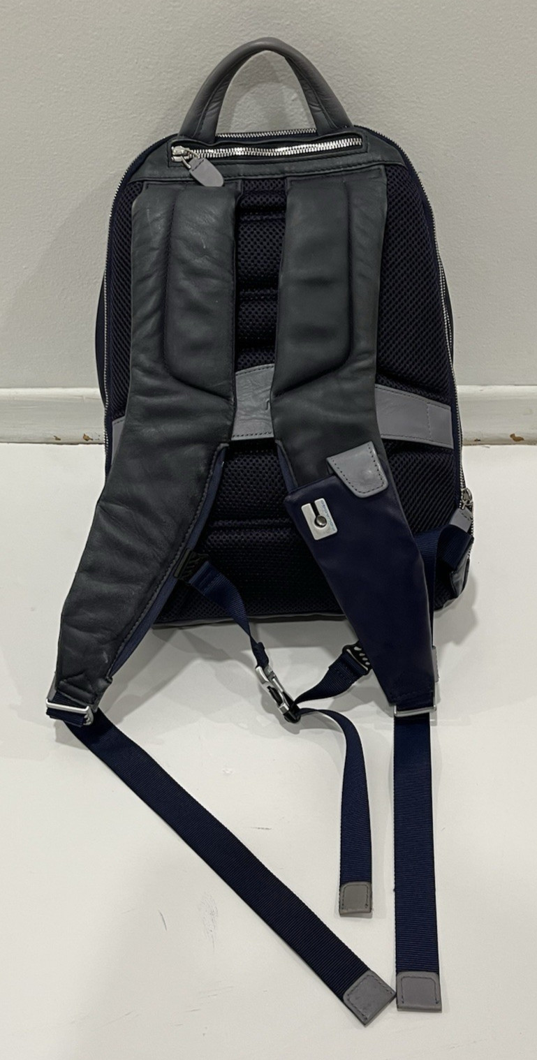 Piquadro Coleos Small Leather Laptop Backpack Purple-Blue Gray with Rain Cover