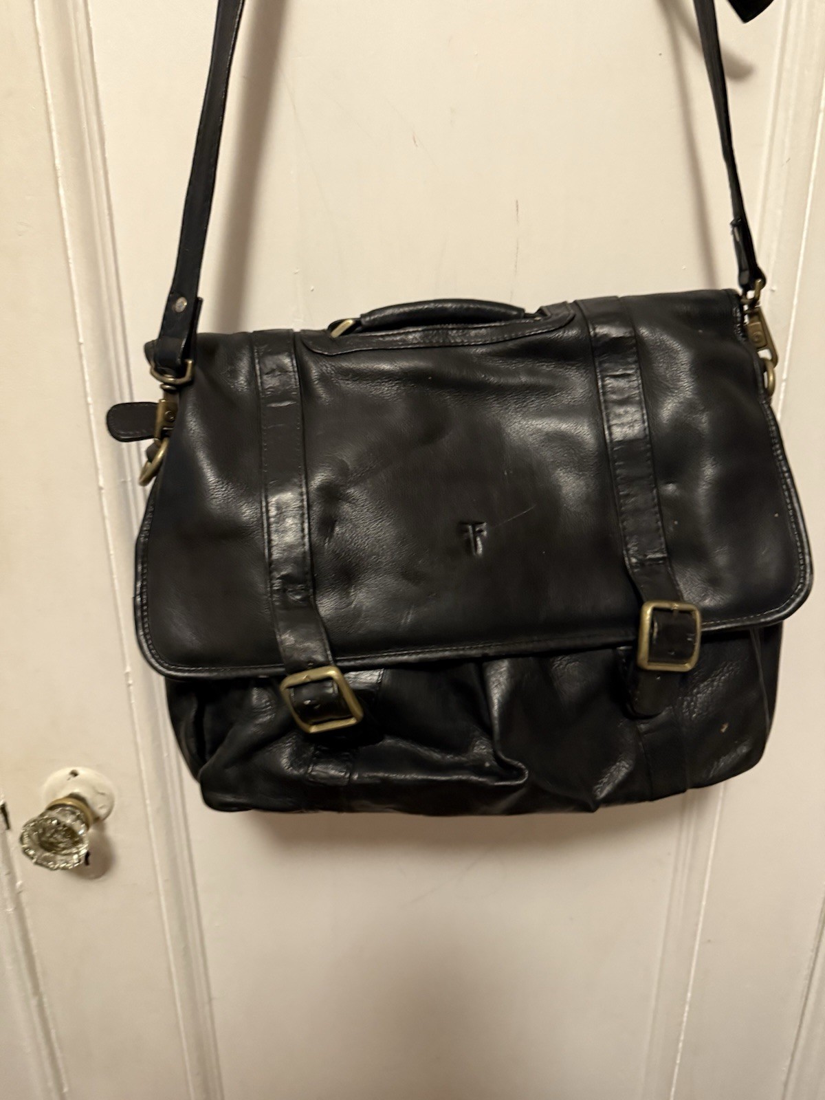 Unisex FRYE Black Leather Satchel Logan Case Organizer Zip Compartments