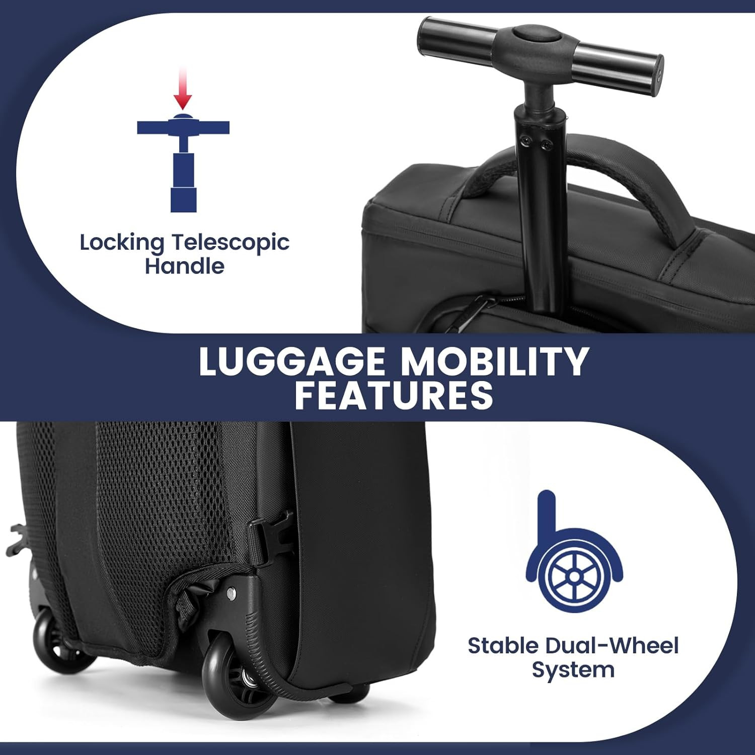 Rolling Backpack with Wheels Waterproof 15.6 Inch Laptop Carry On Travel Bag