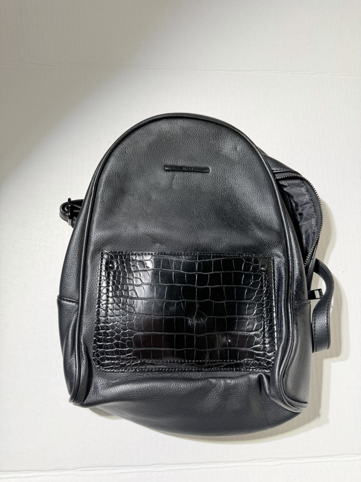 ALDO Black Pebbled Leather Backpack Gold Zipper Minimalist Bag
