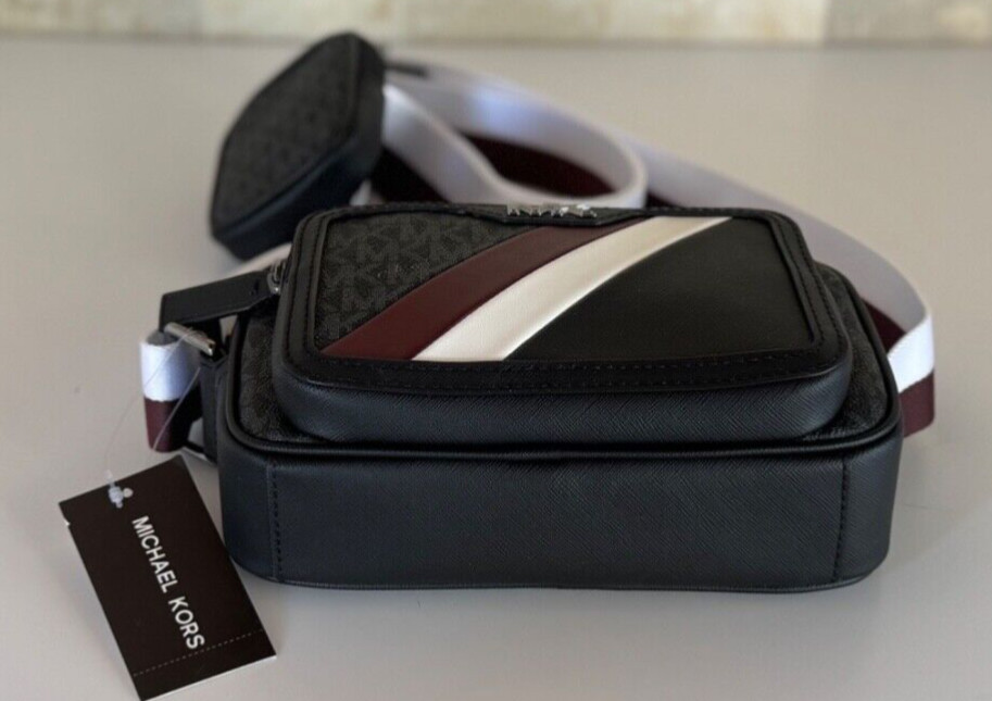 MICHAEL KORS RIVINGTON STRIPED CROSSBODY CAMERA BAG WITH POUCH OXBLOOD