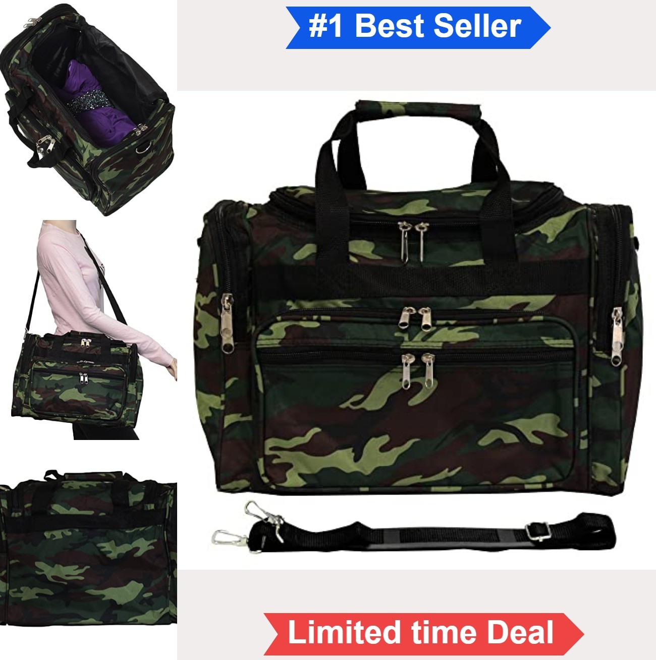 Duffle Bag 16x9x11 Green Camo 600D Polyester Adjustable Shoulder Strap