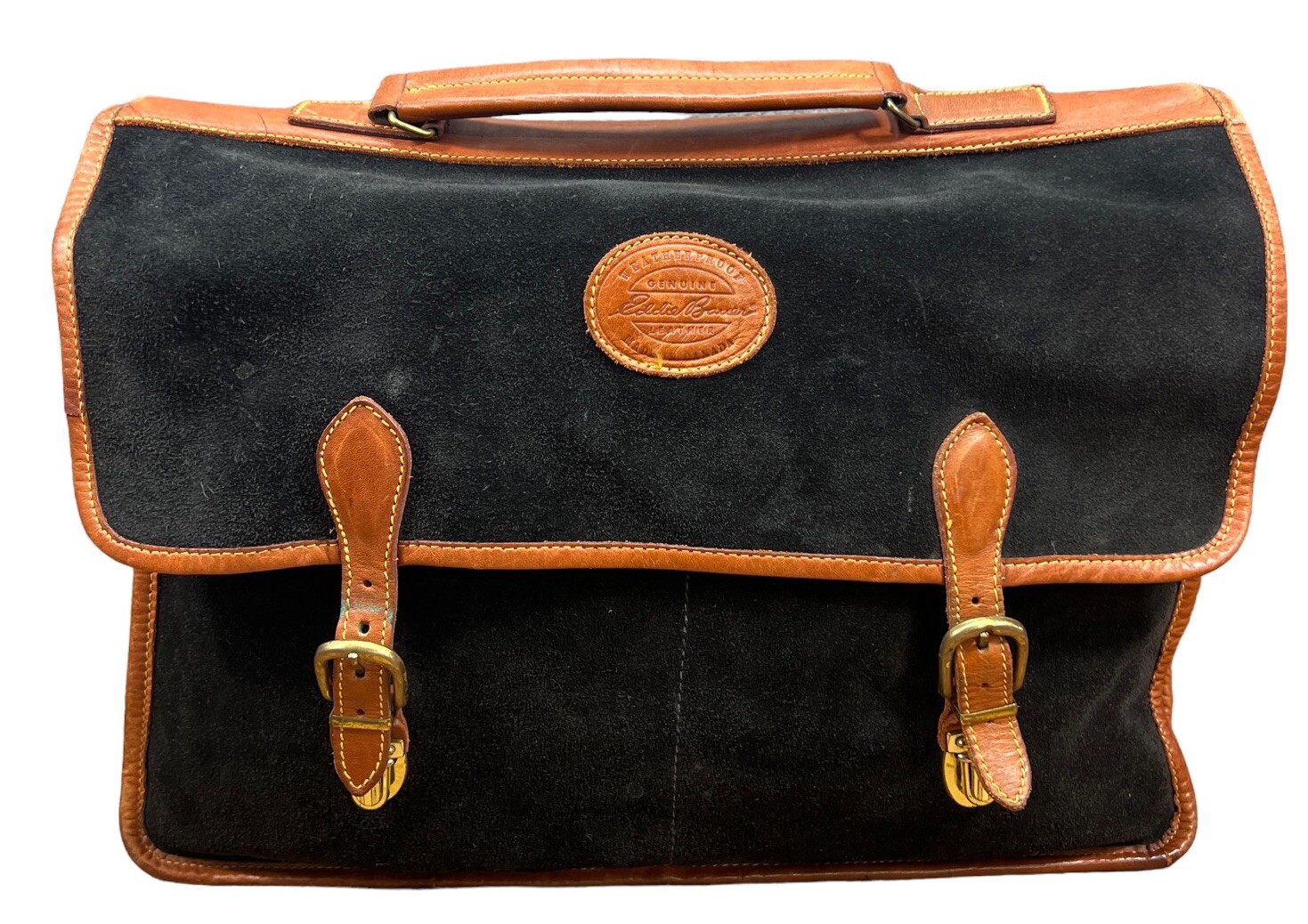 Vintage Eddie Bauer Black Suede Caramel Leather Briefcase Lap Top Computer Bag