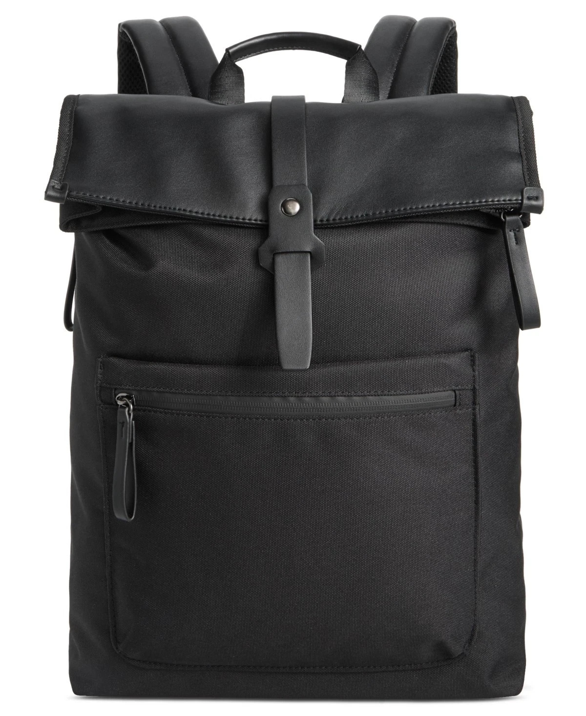 ALFANI Backpack Black Canvas Roll Top Backpack Faux Leather Trim Laptop Sleeve