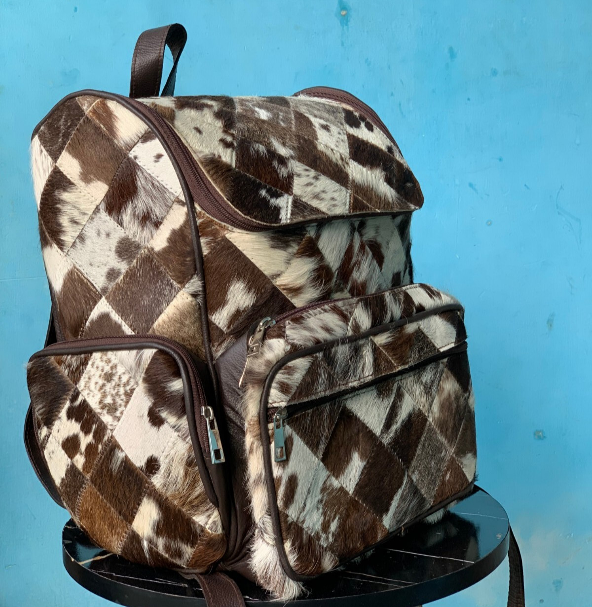 Handmade Cowhide Leather Backpack Hair-on Unique Laptop Bag for Travel & School