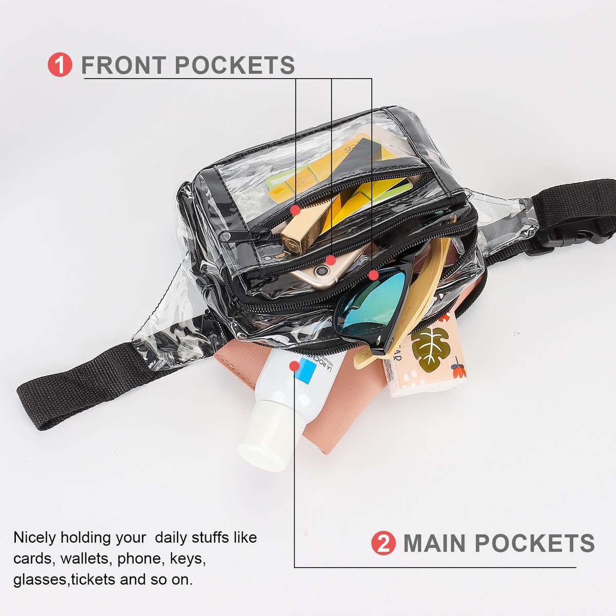 Clear Zip Waist Bag Transparent Stadium Shoulder Crossbody Adjustable Sling Bag