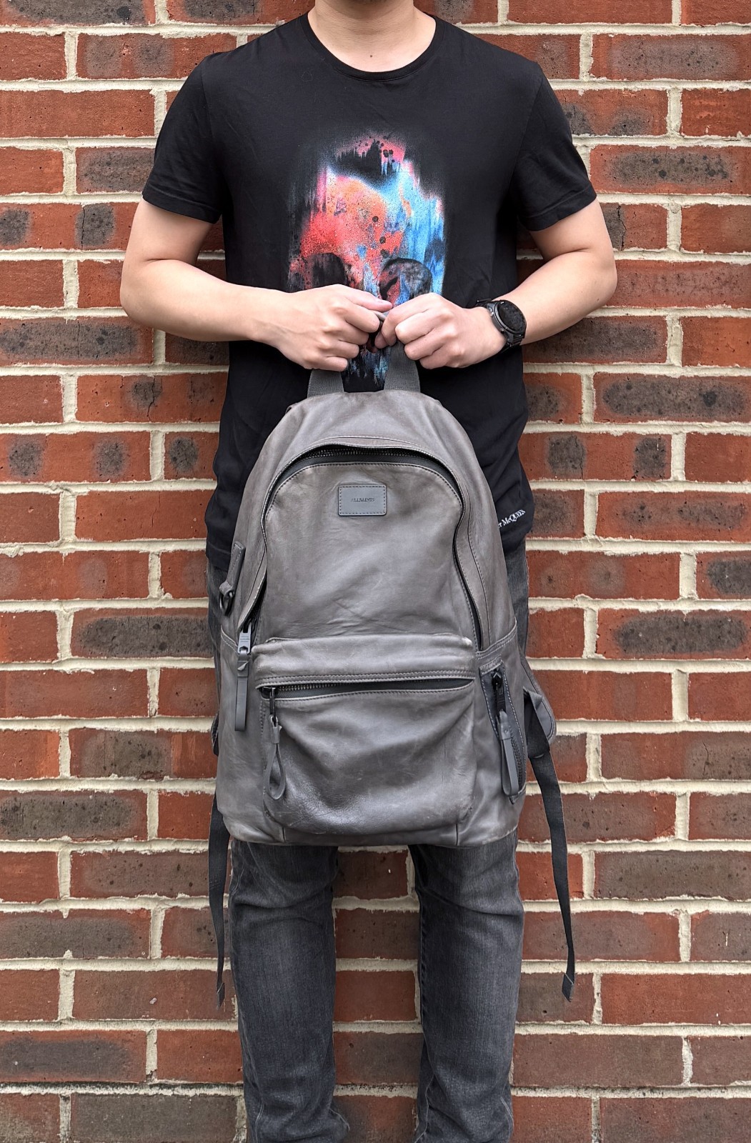 AllSaints ARENA Leather Backpack Bag Grey Brown Mens Ladies Unisex Rucksack