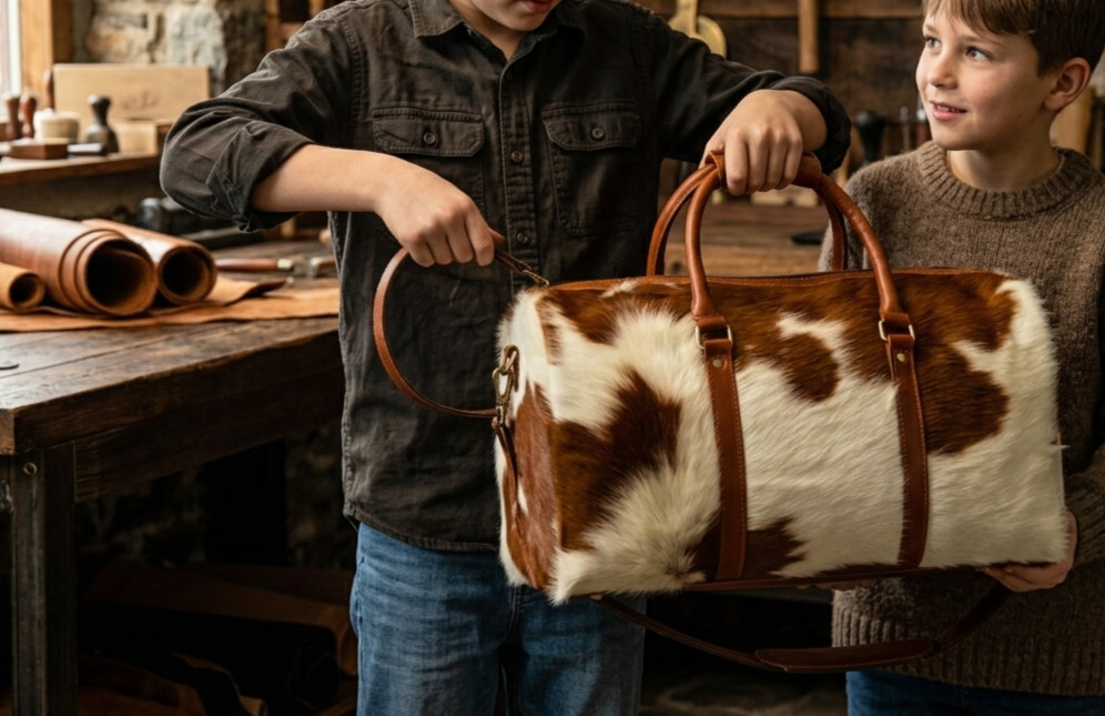 Brown White Hair On Cowhide Leather Duffle Bag Men Women Travel Weekender Overni