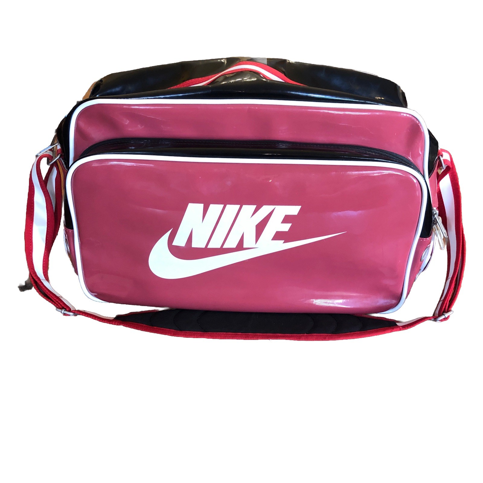 Vintage 90s Nike Vinyl Messenger Bag Side Body Tote White Red Swoosh Sport