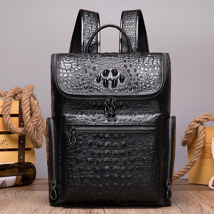 Top Cowhide Leather Men’s Backpack Crocodile Pattern Travel Bag 30 x 10.5 x 39cm