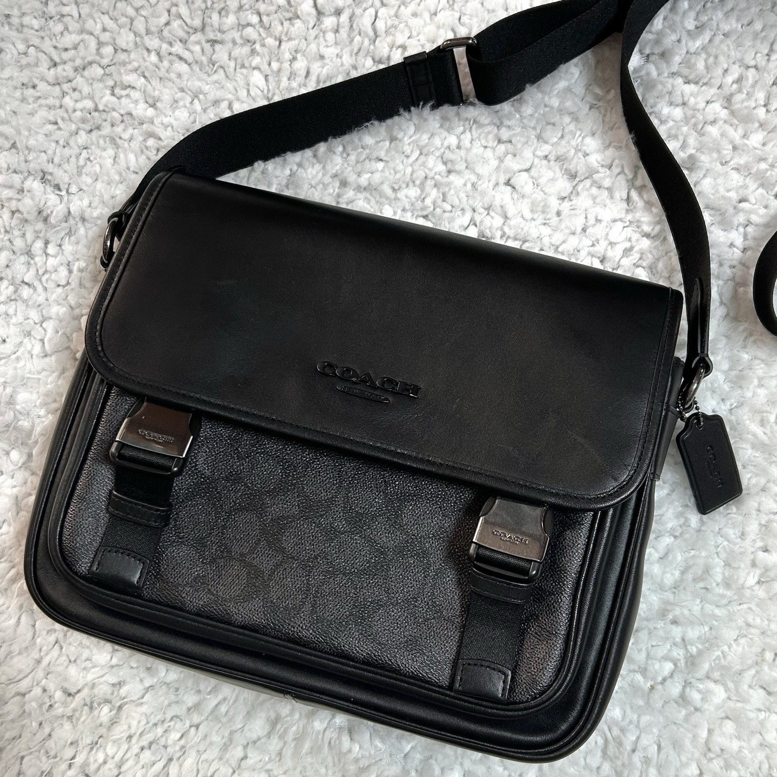 Coach Signature Monogram Messenger Crossbody Bag Black/Gray Magnetic Strap