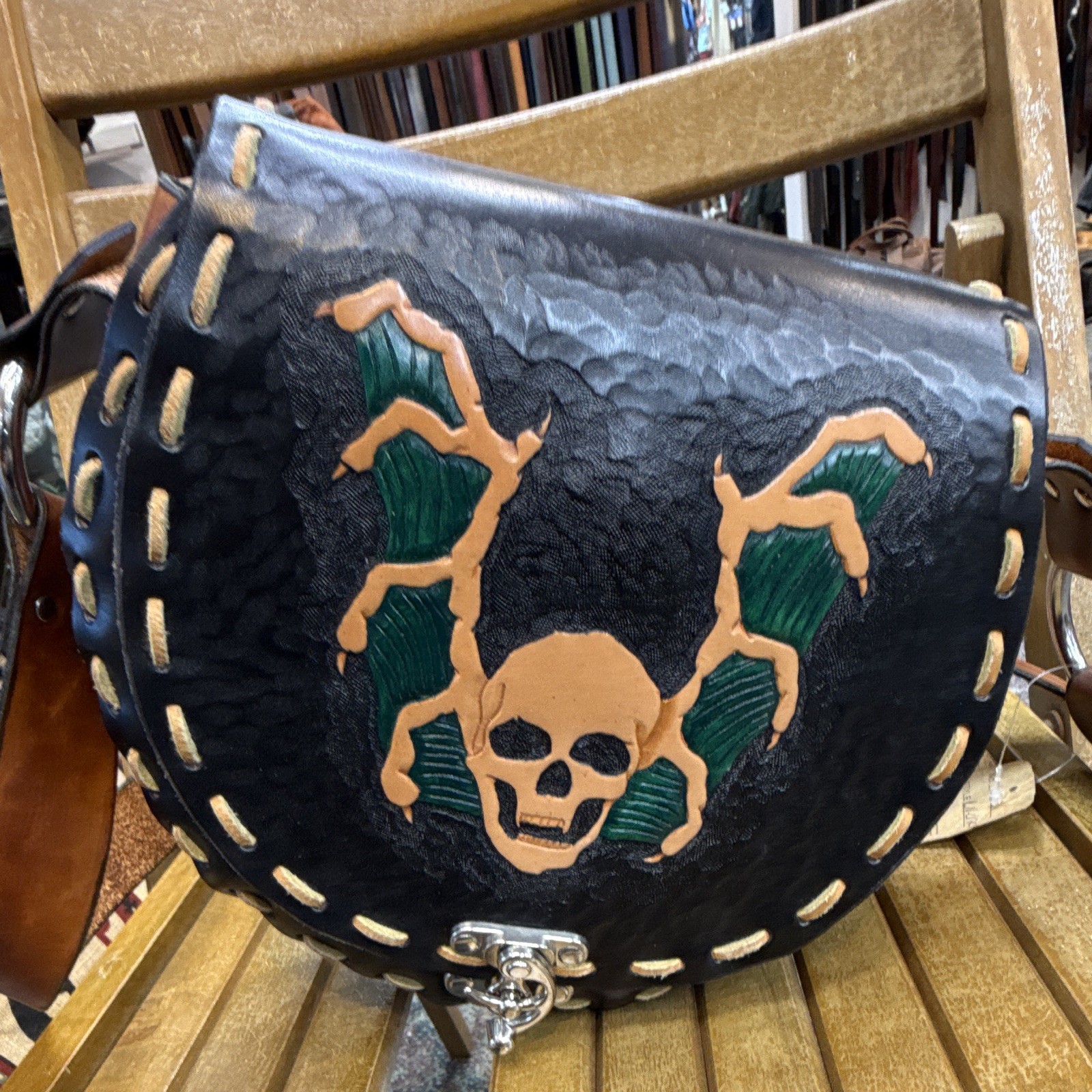 Sur Tan Black Shoulder Bag Hand Painted Skull Latch Adjustable Strap Vintage