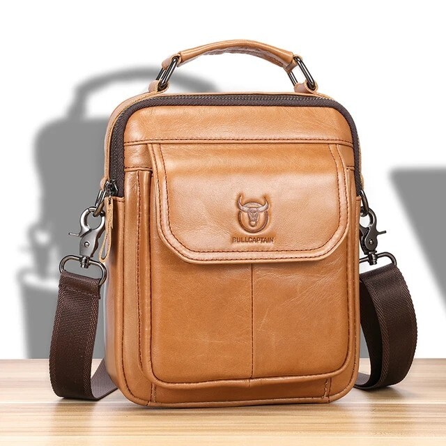 BULLCAPTAIN Men’s Leather Shoulder Bag 7.9″ Handbag Retro Casual Crossbody Bag
