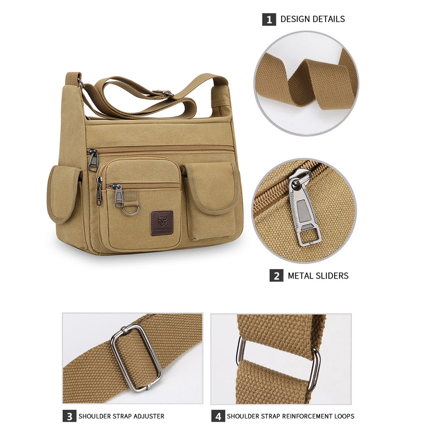 Canvas Bag Mens Messenger Crossbody Shoulder Large Bag with Multiple Pockets M