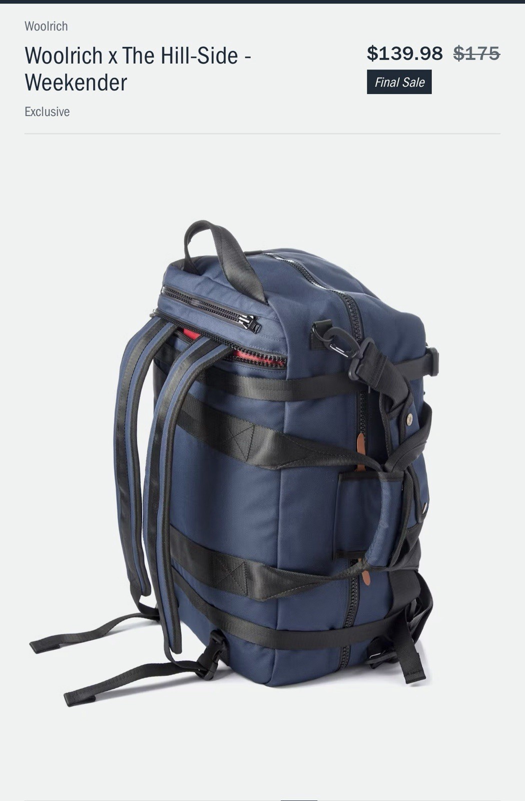 Woolrich x The Hill-Side Weekender Tote Travel Bag Blue Black Strap Backpack