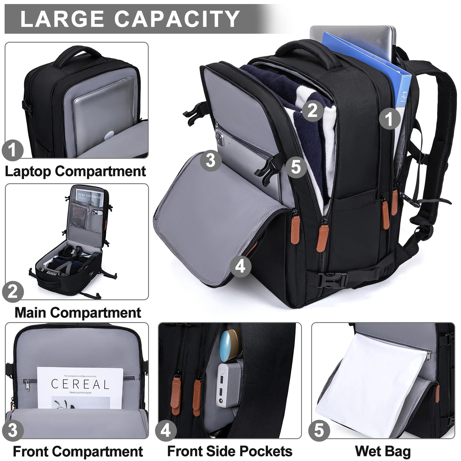 Extra Large Water Resistant Travel Backpack with Shoe Pouch for Men & Women