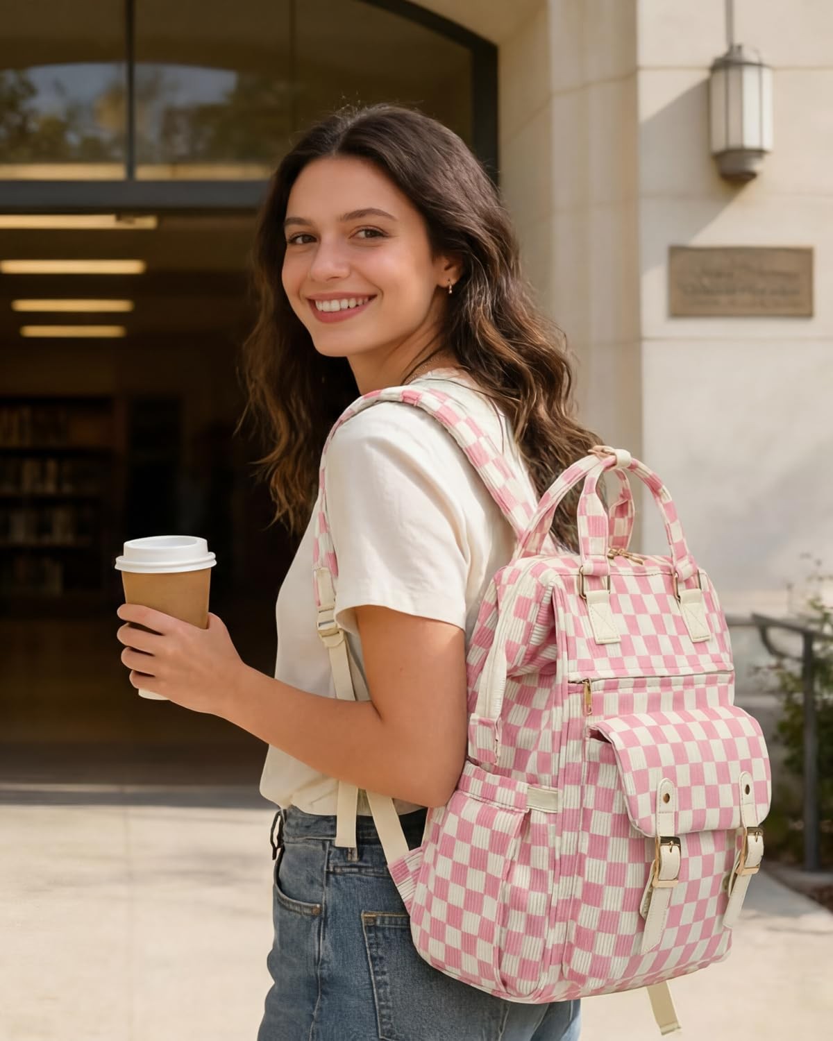 Corduroy Laptop Backpack High School Bookbag 15.6 Inch Checkered Pink