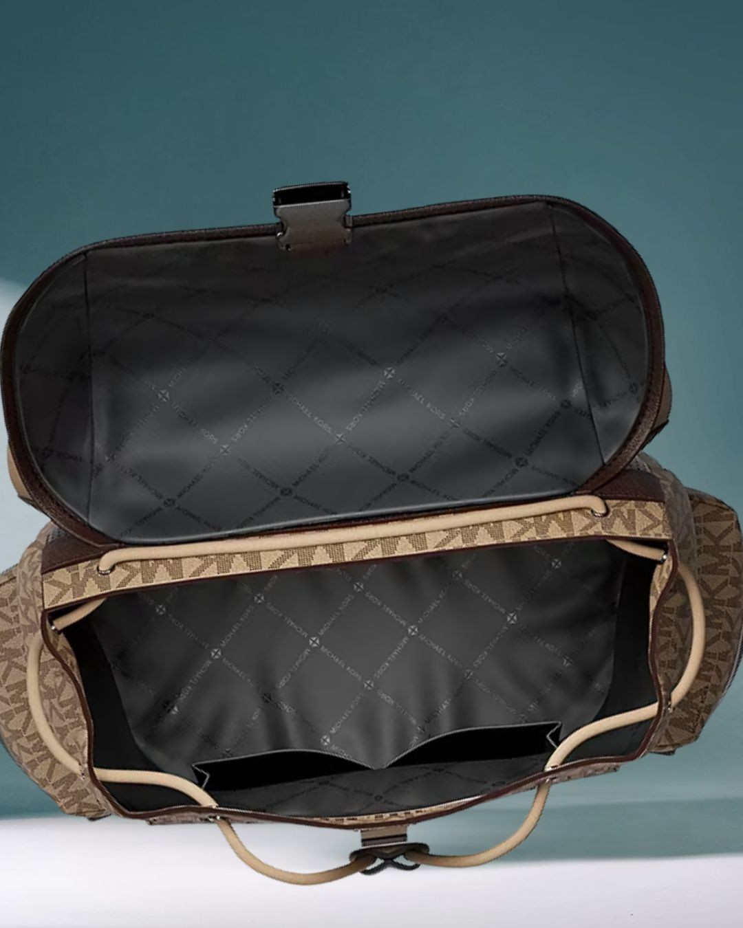 Michael Kors Cooper Men MK Logo Print Canvas Travel School Pocket Backpack Camel