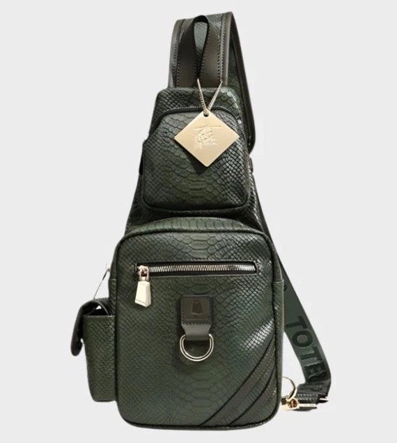Tote&Carry Olive Green Sling Bag Crossbody Zip Animal Print Outer Pockets