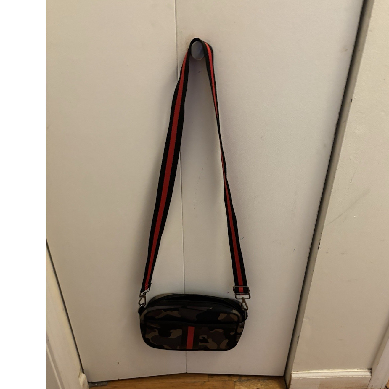 Camouflage Crossbody Shoulder Bag Zip Closure Red Stripe Strap Army Theme