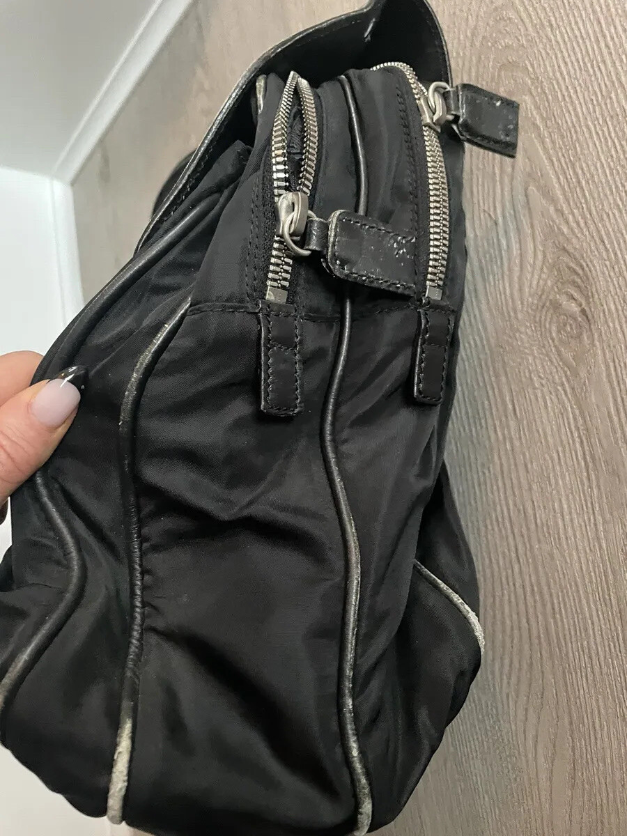 Prada Mens Single Handle Double Logo Clasp Large Briefcase Black Leather Nylon